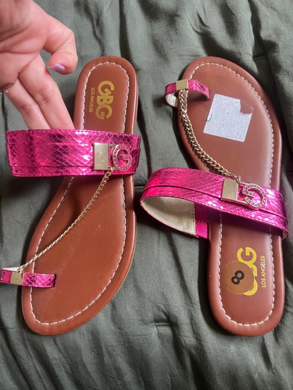 GBG Los Angeles Pink Metallic Chain Toe-Loop Sandals